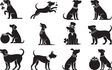 Set of Black Dog Silhouettes with St Patrick's Day Accessories and Pot of Gold clover