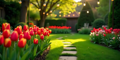 Peaceful backyard garden with flowers, lawn, and ambient lighting, peaceful backyard garden with colorful tulips, lush lawn, gentle overhead bistro lights.
