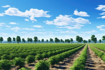 Fototapeta premium Green agriculture field with planted crops and tree lines extending under a bright blue sky