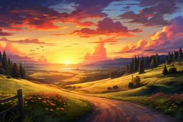 Obraz premium Sunset illuminating a winding country road through a serene landscape with rolling hills and blooming flowers