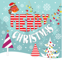 Christmas card with lettering, robin bird and tree