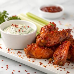 Spicy Buffalo Chicken Wings with Creamy Dip and Celery Sticks on White Plate.