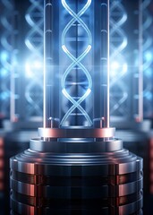 DNA Helix Display In Futuristic Laboratory With Blue Neon Lights