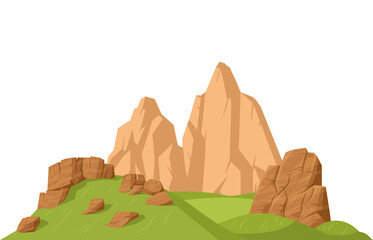 Cartoon rocky mountain landscape with green hills and scattered stone boulders. Flat vector illustration isolated on white background, ideal for nature scenes, game environments, outdoor concepts, and