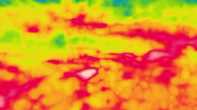 A bird walks on the heated ground, urban pigeons. Image from thermal imager device.