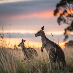 Kangaroo and Joey Standing in Tall Grass at Sunset in Natural Australian Landscape.
