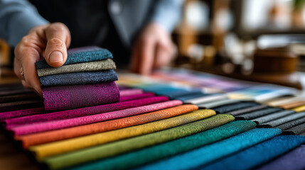Choosing colorful fabric samples in textile showroom for interior design and tailoring projects