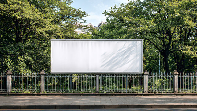 Long white vinyl banner on fence in urban park, Blank hoarding mockup, billboard, signage in city with green trees. Commercial advertisement, public information canvas. Mock up space.