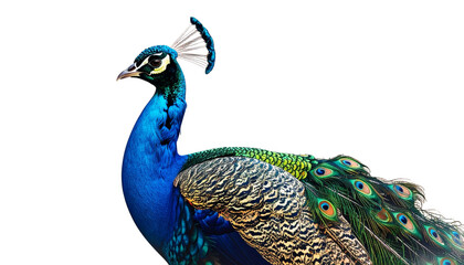 A stunning photograph of a peacock displaying vibrantly colored feathers and a bright blue neck, along with green plumage