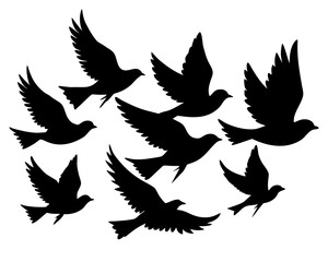 Obraz premium Birds flying in spring sky silhouette vector illustration isolated on white background