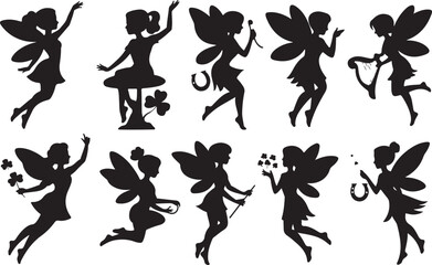 Silhouette collection of fairies with wings holding clovers and musical instruments Keywords: fairy, silhouette, wings, magic, fantasy, flying, dancing, clover, horseshoe, harp, flute, music