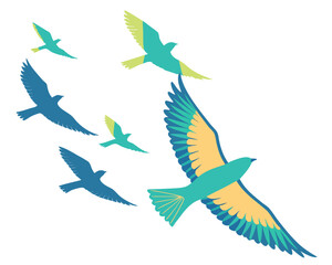 Fototapeta premium Birds flying in spring sky silhouette vector illustration isolated on white background