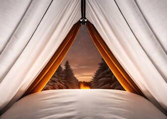 Inside Winter Tent Looking Toward Sunset Over Snowy Forest