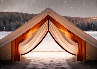 Cozy Tent Entrance In Snowy Winter Landscape At Dusk