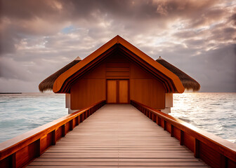 Wooden Cabin Walkway Leading To Calm Ocean At Sunset