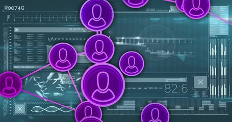 Network of user icons and data processing animation over digital interface - Powered by Adobe