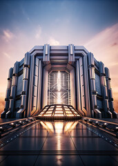 : Futuristic Building Entrance With Symmetric Architecture And Glow