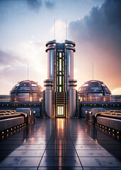 Futuristic Industrial Complex With Domes Central Tower At Sunset