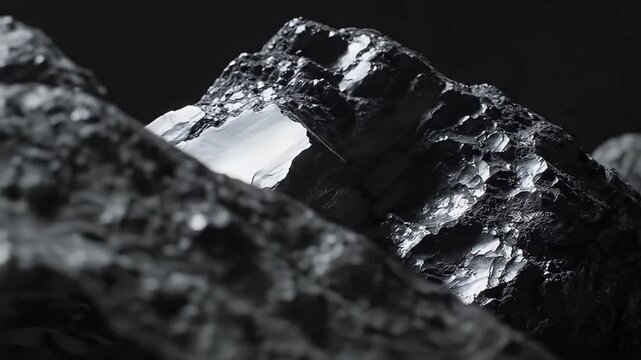 A detailed close-up shot reveals a collection of dark, rugged mineral chunks with intricate textures and sharp, angular facets. The varying shades of deep gray and black, contrasted by subtle, reflect