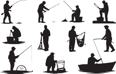 Silhouette Collection of Fishermen in Various Poses and Activities Keywords: fisherman, fishing, silhouette, man, person, rod, reel, net, bucket, boat, water, river, lake, sea, outdoor, recreation