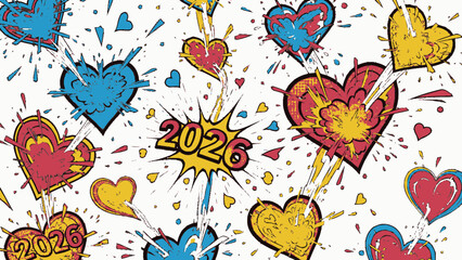 Colorful doodle hearts and confetti celebrating new year 2026.