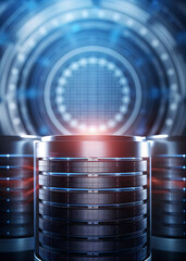 Close Up Server Data Storage With Glowing Circular Interface