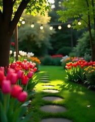 Peaceful backyard garden with flowers, lawn, and ambient lighting, peaceful backyard garden with colorful tulips, lush lawn, gentle overhead bistro lights.