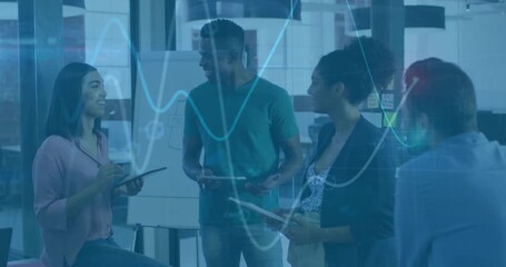 Business team discussing project with data visualization animation over them - Powered by Adobe