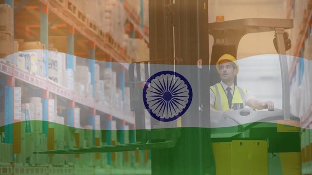 Operating forklift, warehouse worker with Indian flag animation in background