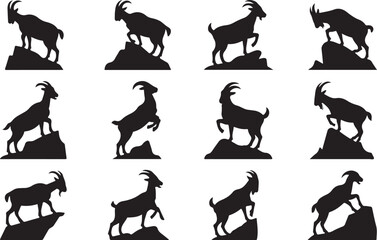 Silhouette Collection of Mountain Goats on Rocky Outcrops Keywords: goat, mountain goat, silhouette, animal, wildlife, rock, rocky, cliff, mountain, nature, climbing, standing, jumping, leaping