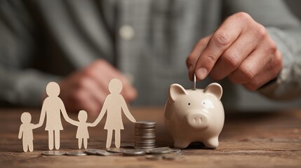 Hand putting coin into piggy bank with paper family figures, representing financial planning