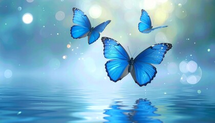 Three delicate blue butterflies flutter above a calm reflective water surface, soft glowing particles floating in the air, dreamy lighting, shallow depth of field, serene fantasy atmosphere.