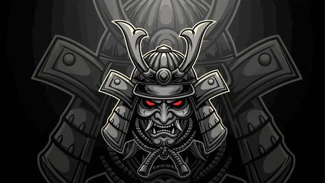 Fierce Japanese Samurai Helmet and Mask Illustration with Glowing Red Eyes.eps