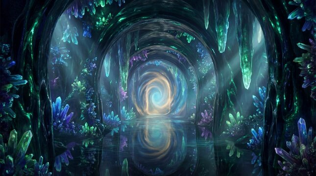 Enchanting Crystal Cave with Glowing Portal, Mystical Stalactites, and Luminous Blue Crystals Reflecting in Water, Fantasy Underground Cathedral - Powered by Adobe
