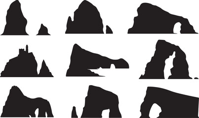 Silhouette Collection of Rock Formations and Arches Keywords: rock, formation, arch, cliff, stone, mountain, nature, landscape, silhouette, sea, ocean, coast, geological, natural, isolated