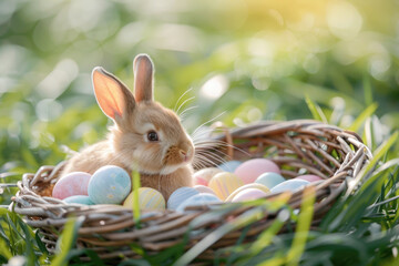 Brown rabbit sitting in a nest with green grass and soft sunlight, peaceful and charming vibe