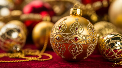 Golden christmas ornament with intricate design and red gems on a festive background