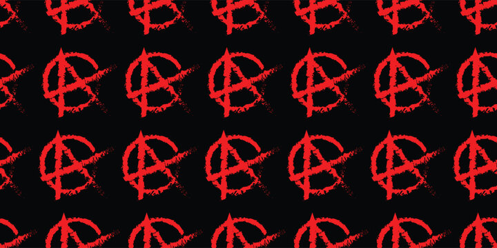 Seamless pattern of red hand-drawn anarchy symbols on a black background. Grungy punk rock and rebellion aesthetic wallpaper.