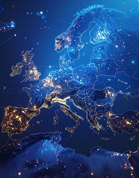 Illuminated digital illustration depicting Europe, with bright lights