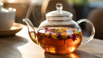 Steaming herbal tea with vibrant flower petals in a clear glass teapot on a sunlit table