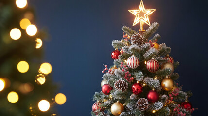 Festive christmas tree adorned with a radiant star, ornaments, and twinkling lights