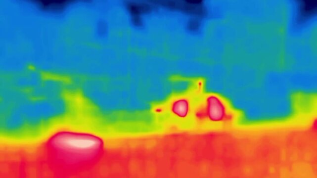 A tractor is driving through a field. Image from thermal imager device.