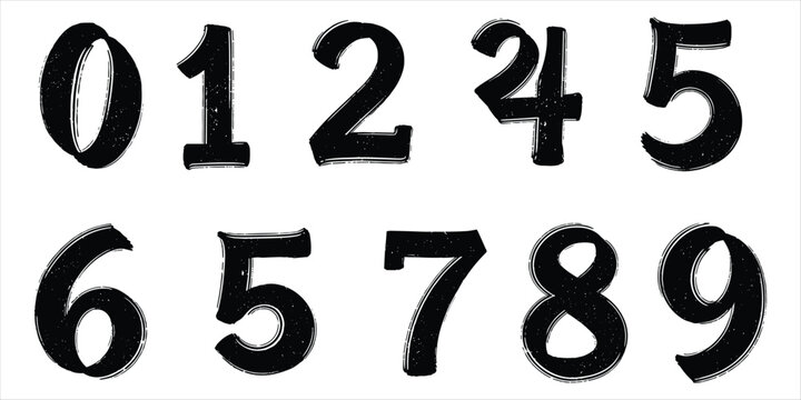 Black Hand Drawn Numbers Zero to Nine with Textured Brush Strokes on White Background vector illustration
