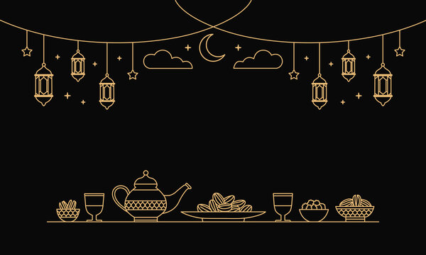 Elegant Islamic Ramadan iftar celebration scene with lanterns and traditional food