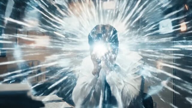 Overwhelmed office worker experiencing information overload with digital data explosion effect