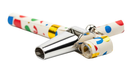 Party blower with colorful polka dot pattern and metallic accents on png isolated transparent background black background