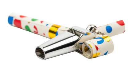 Party blower with colorful polka dot pattern and metallic accents on png isolated transparent background black background
