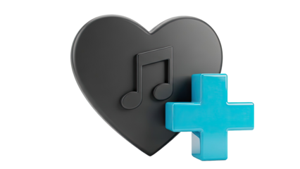 3D Heart with Music Note and Plus Icon