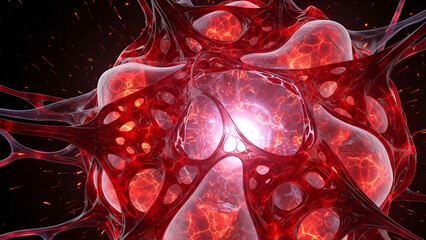Viral particle with red translucent structures on black background