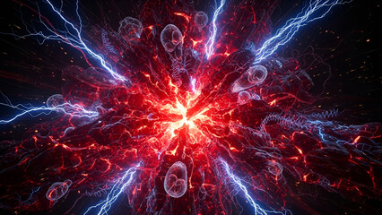 Vibrant red and blue lightning explosion with glowing orbs